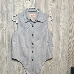 Lone Star Blue & White Striped Sleeveless Western Front Tie Button Down Top Sz M